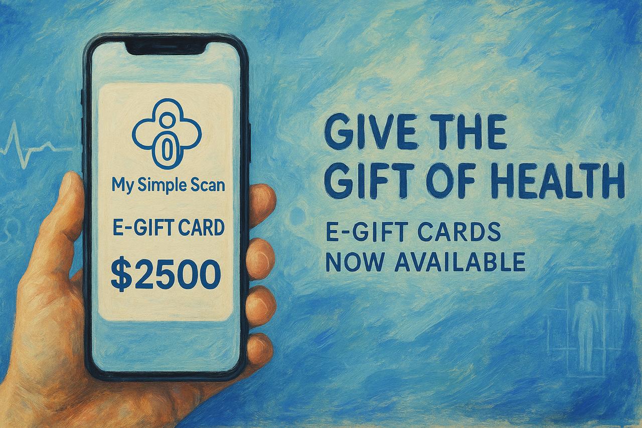 Whole body scan gift card shown on mobile phone offering digital MRI health screening gift